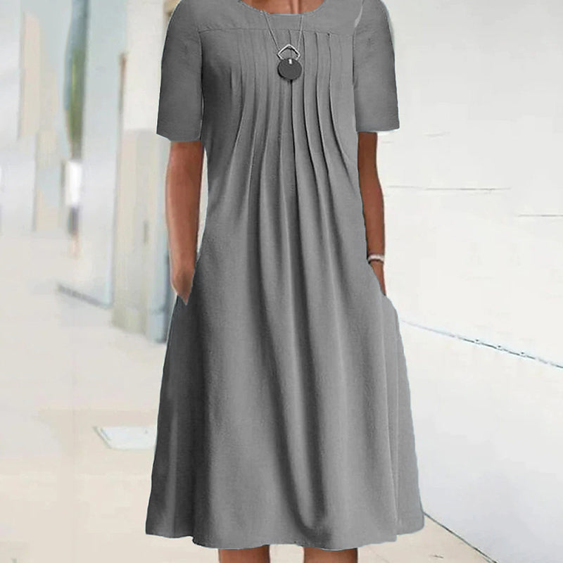 Women's Solid Pleated Round Neck Long Sleeve Dress