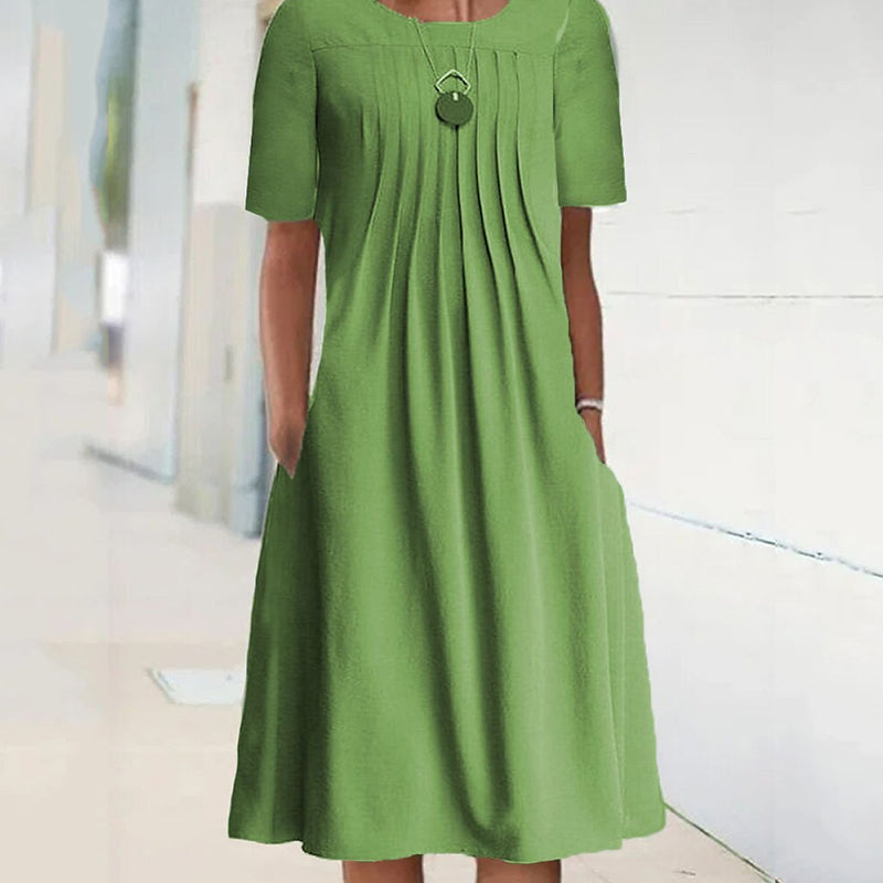 Women's Solid Pleated Round Neck Long Sleeve Dress