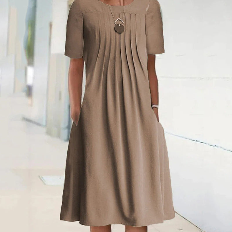 Women's Solid Pleated Round Neck Long Sleeve Dress