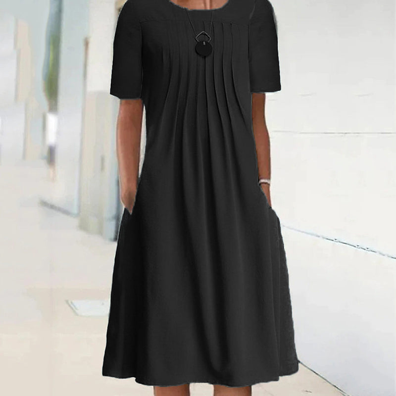 Women's Solid Pleated Round Neck Long Sleeve Dress