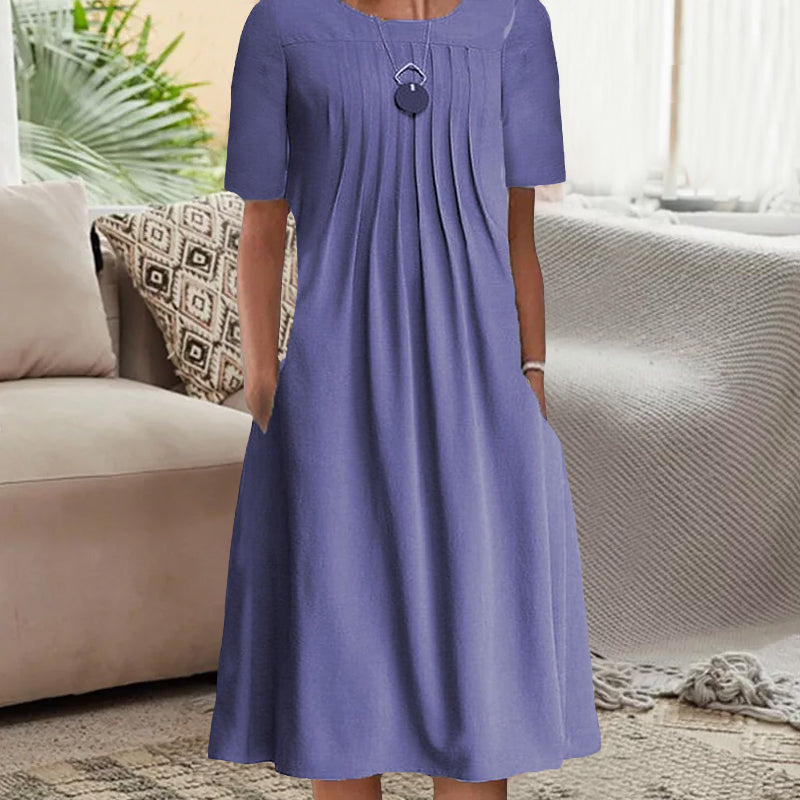 Women's Solid Pleated Round Neck Long Sleeve Dress