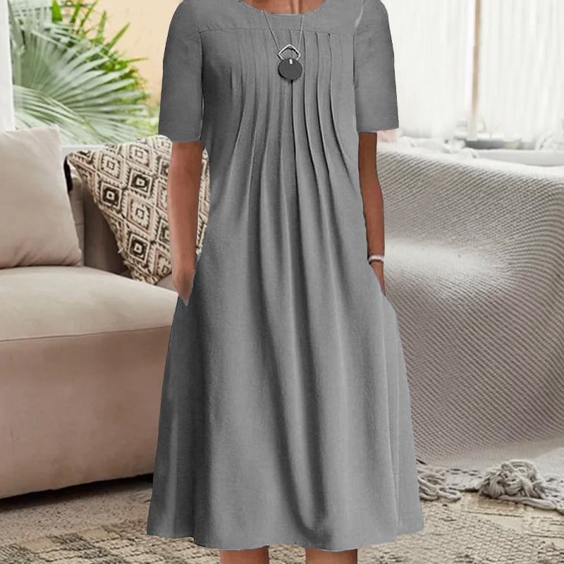 Women's Solid Pleated Round Neck Long Sleeve Dress
