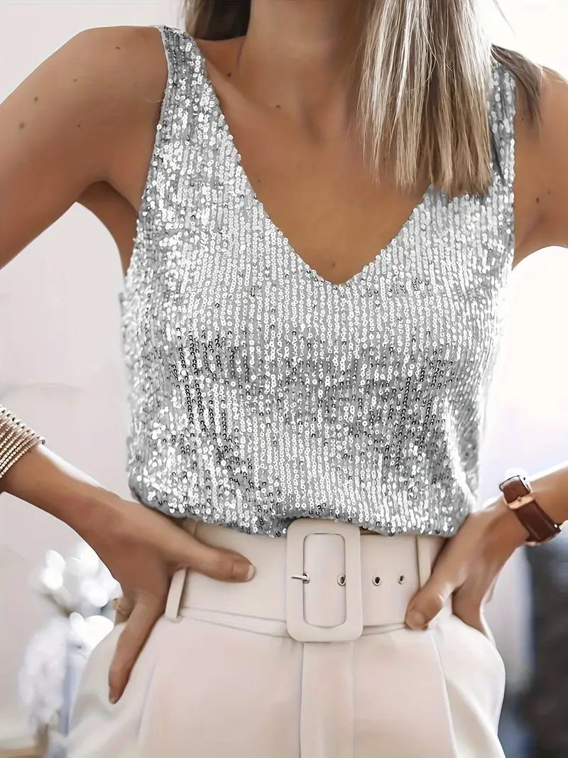 Women's Sparkling Sequin V-Neck Sleeveless Blouse
