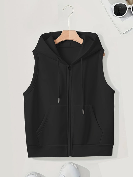 Women's Sporty Zip-Up Hooded Vest with Pockets