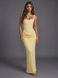 Women's Square-Neck Corset-Bodice Draped Column Maxi Dress