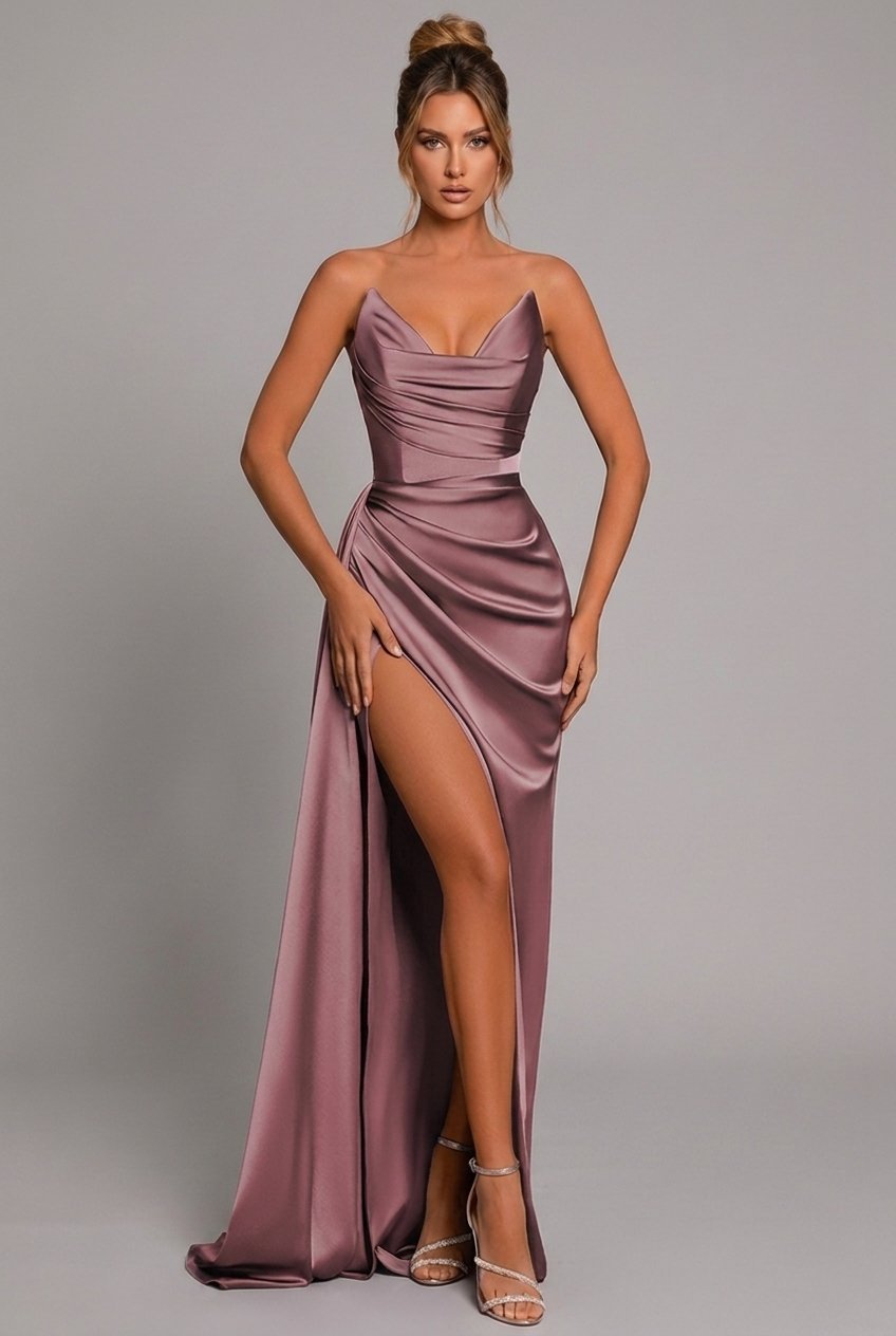 Women's Strapless Ruched Sweetheart High-Slit Maxi Dress
