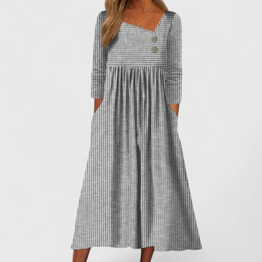 Women's Striped Long Sleeve Midi Dress with Pockets