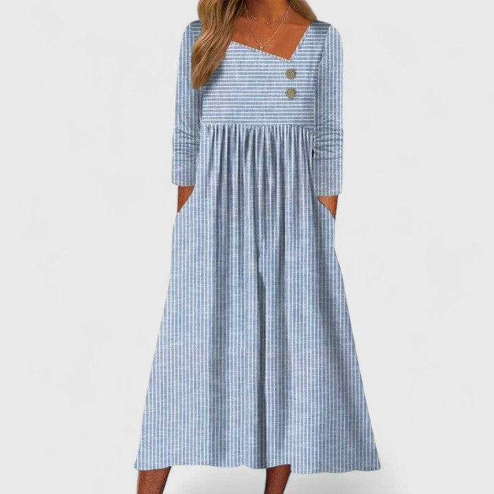 Women's Striped Long Sleeve Midi Dress with Pockets