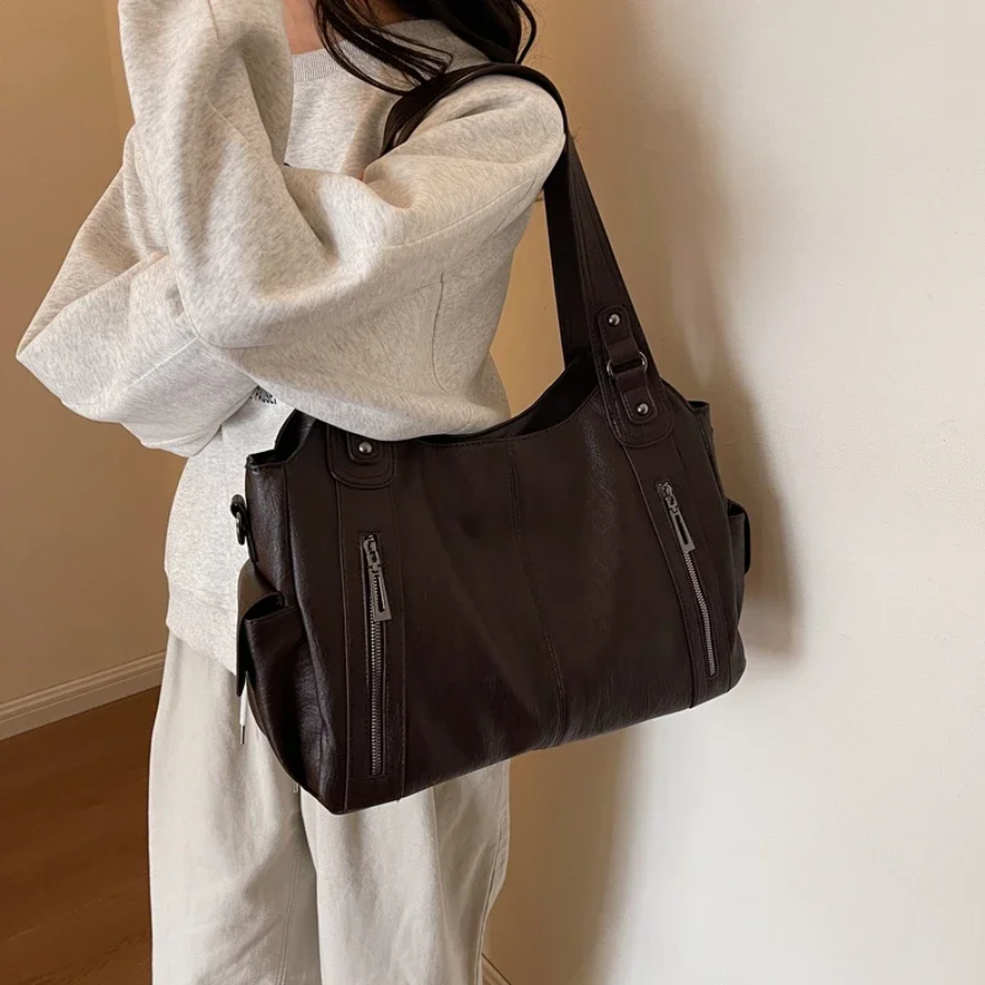 Women's Structured Shoulder Bag with Zip Pockets