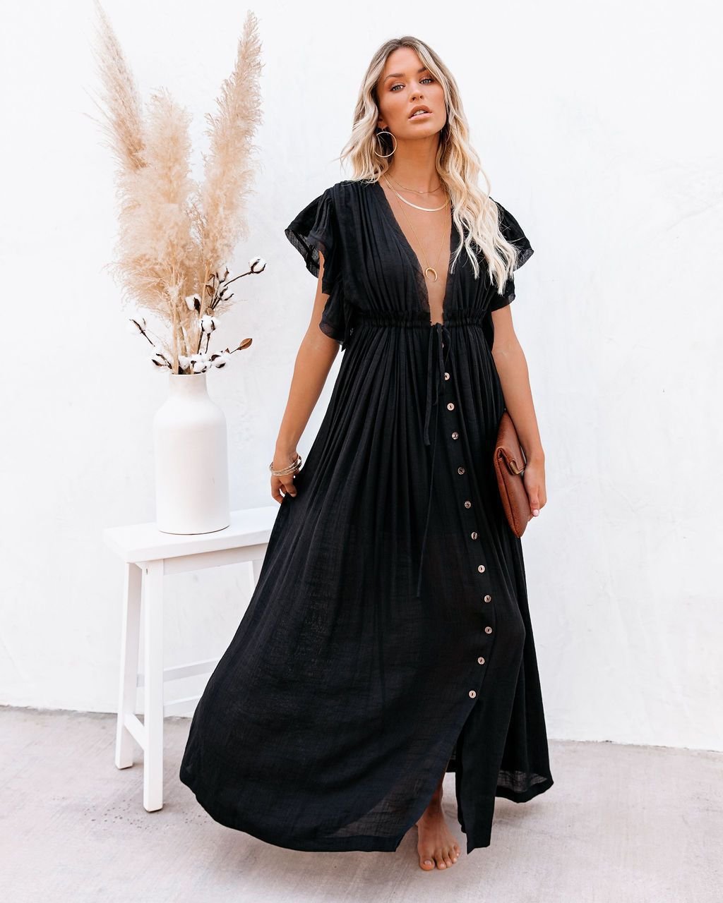 Women's V-Neck Button-Front Flutter-Sleeve Maxi Dress