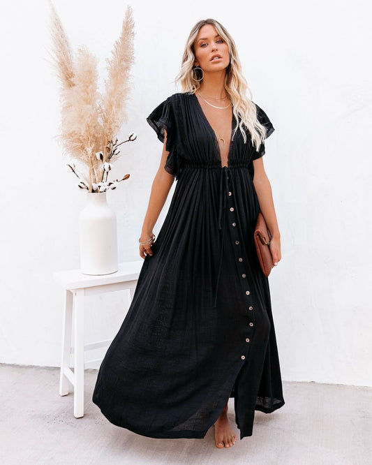 Women's V-Neck Button-Front Flutter-Sleeve Maxi Dress
