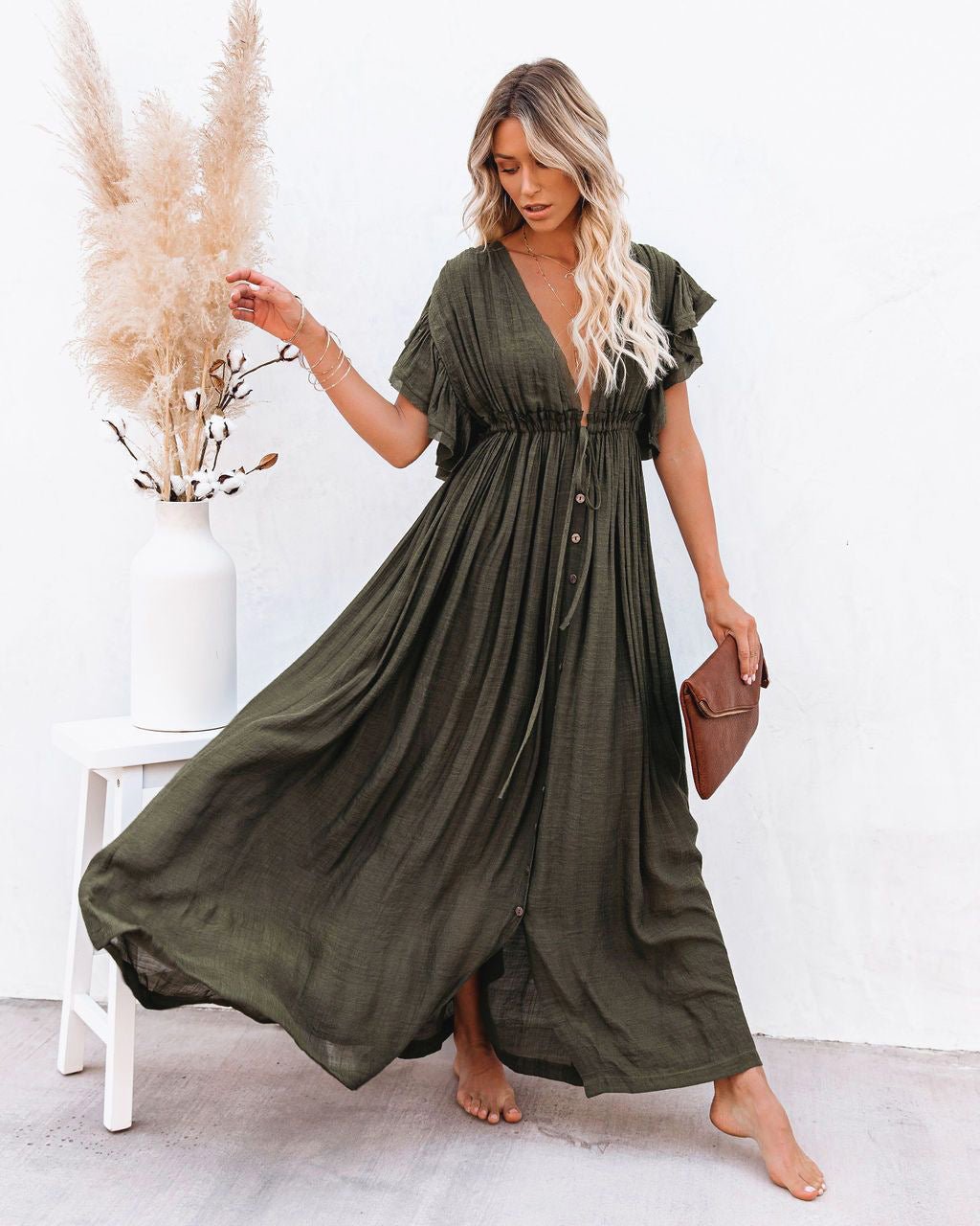 Women's V-Neck Button-Front Flutter-Sleeve Maxi Dress