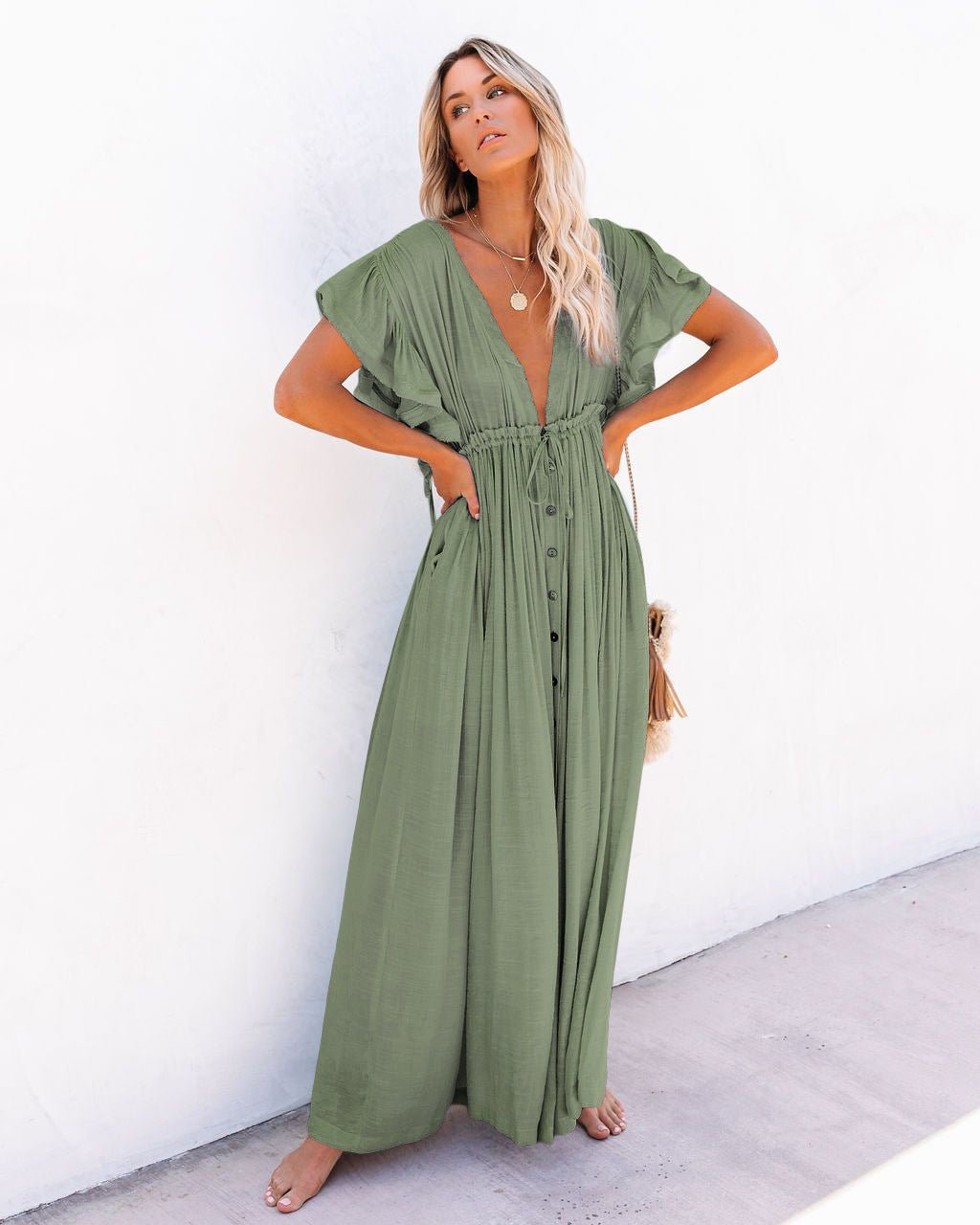 Women's V-Neck Button-Front Flutter-Sleeve Maxi Dress