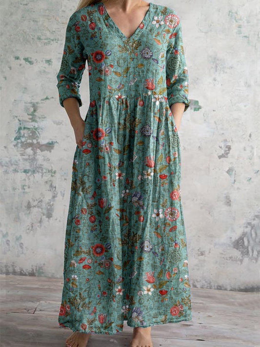 Women's V-Neck Three-Quarter Sleeve Maxi Dress with Pockets