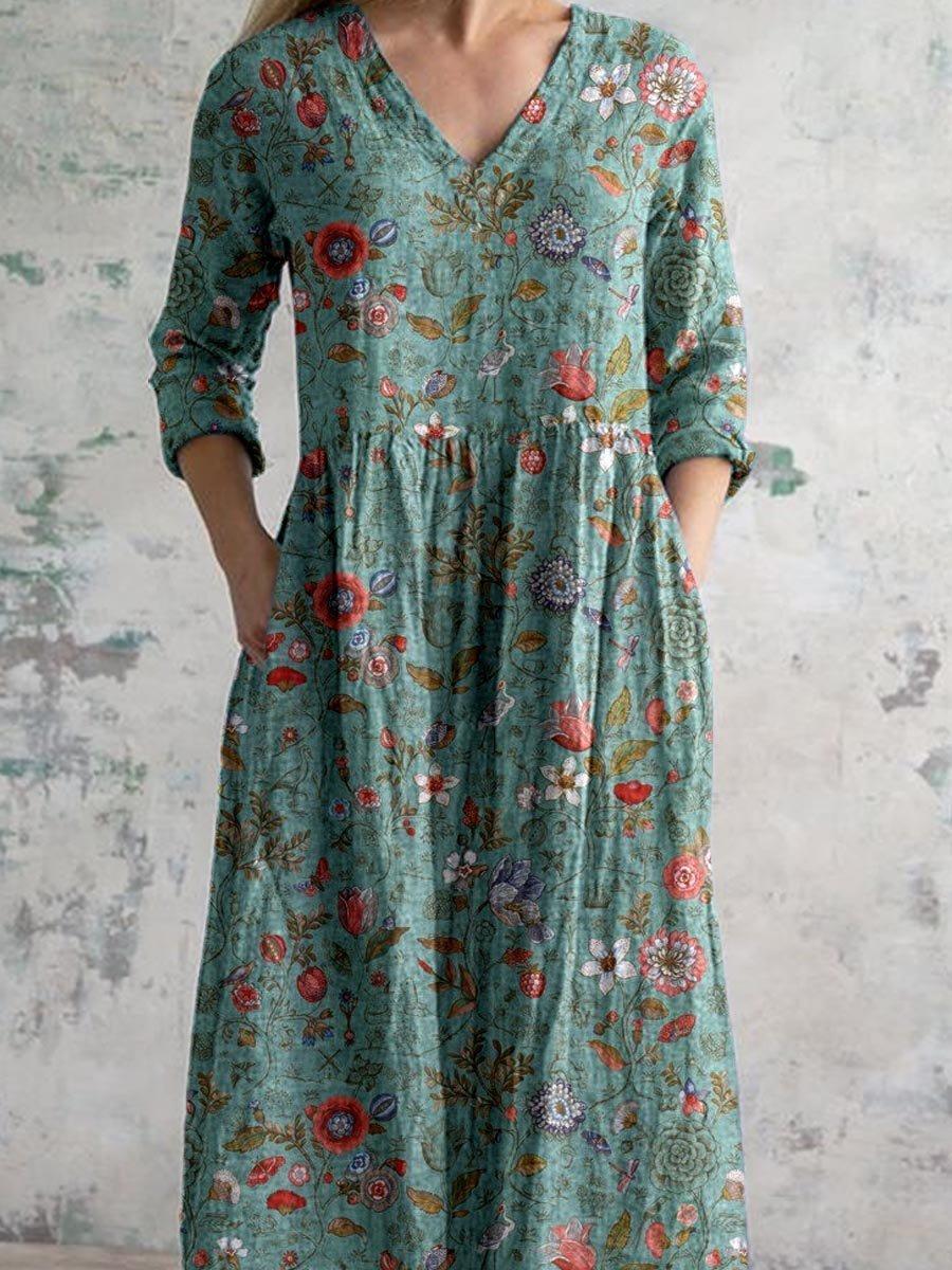Women's V-Neck Three-Quarter Sleeve Maxi Dress with Pockets