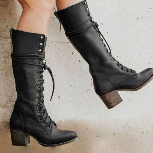 Women's Vintage Lace-Up Knee-High Block Heel Boots