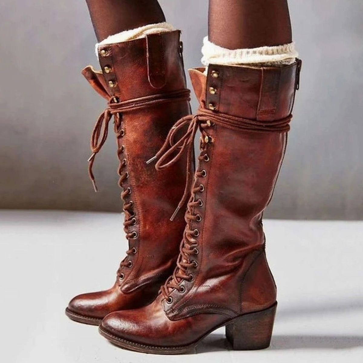 Women's Vintage Lace-Up Knee-High Block Heel Boots