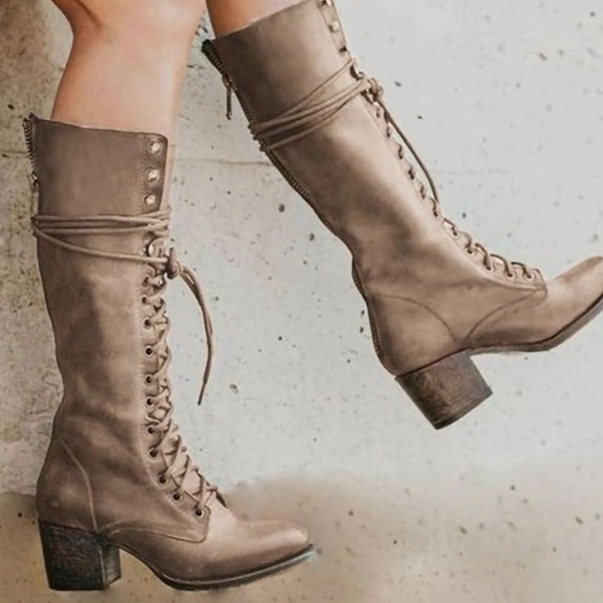 Women's Vintage Lace-Up Knee-High Block Heel Boots