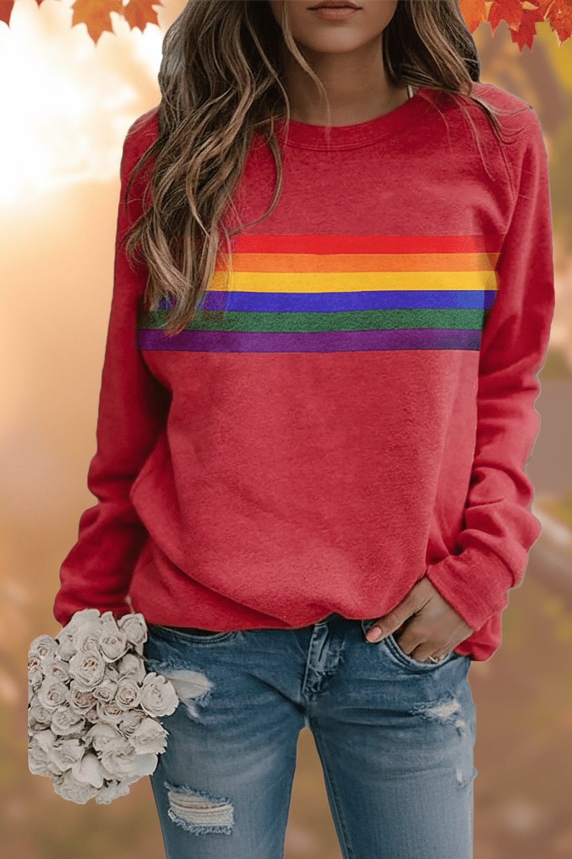 Women's Vintage Rainbow-Striped Relaxed-Fit Pullover Sweatshirt