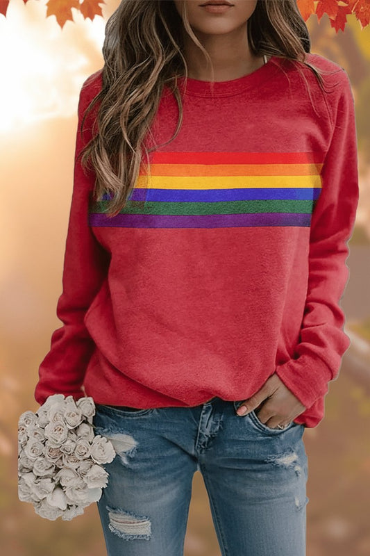 Women's Vintage Rainbow-Striped Relaxed-Fit Pullover Sweatshirt
