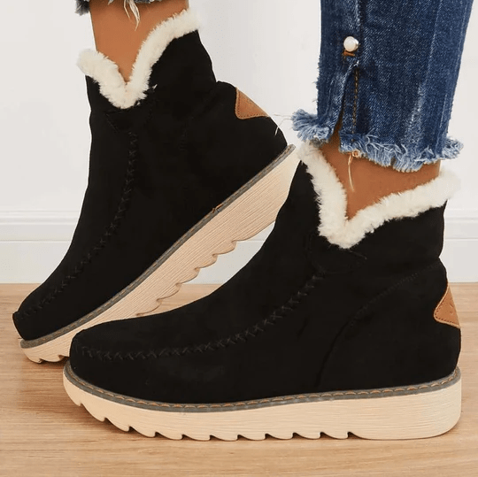 Women's Warm-Lined Ankle Boots with Plush Trim and Low Platform Sole