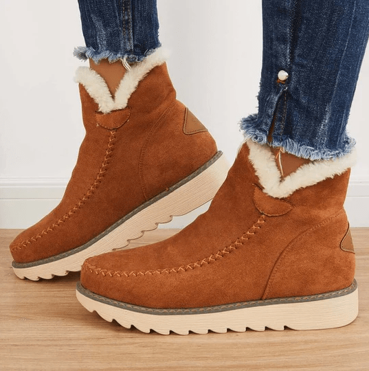 Women's Warm-Lined Ankle Boots with Plush Trim and Low Platform Sole