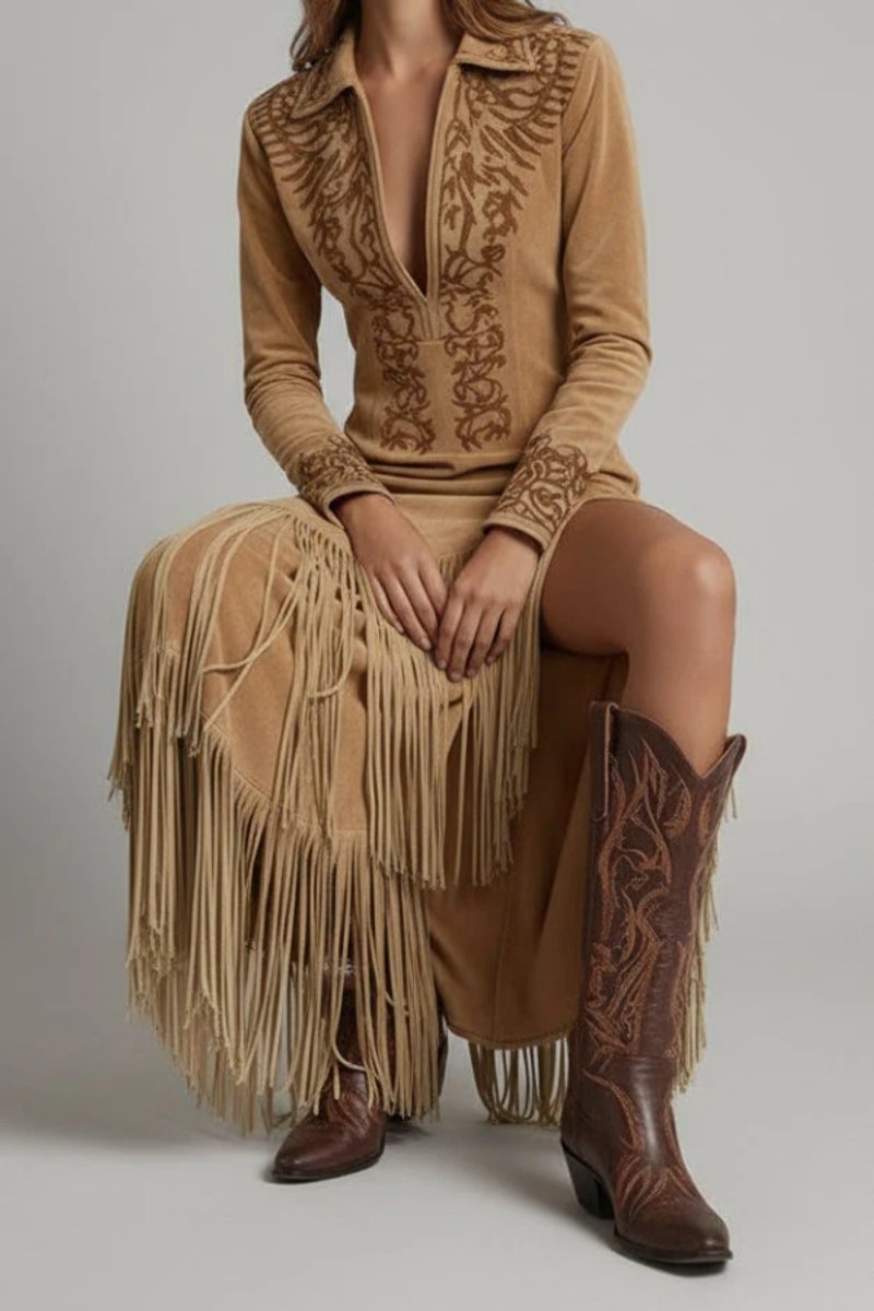 Women's Western Fringe Long-Sleeve Evening Maxi Dress