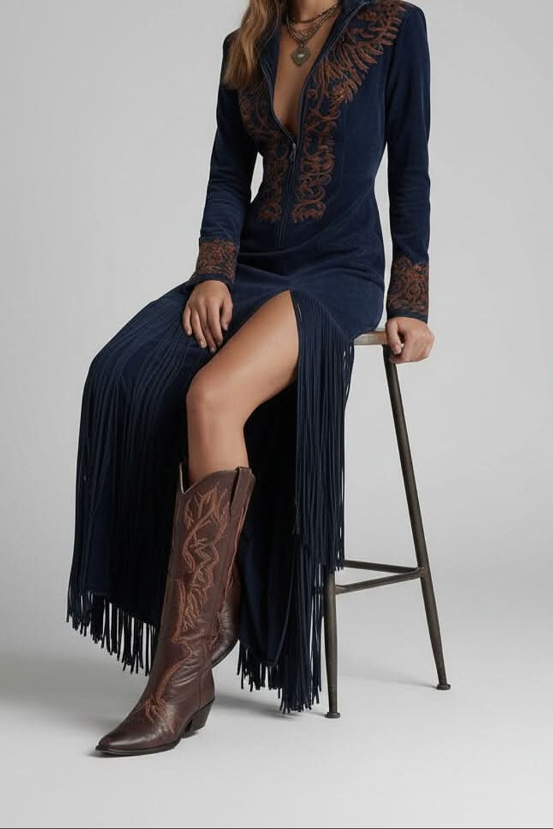 Women's Western Fringe Long-Sleeve Evening Maxi Dress