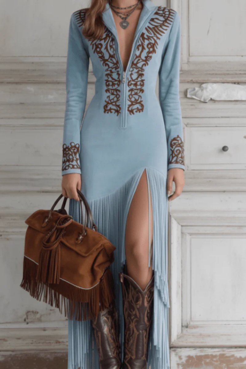 Women's Western Fringe Long-Sleeve Evening Maxi Dress