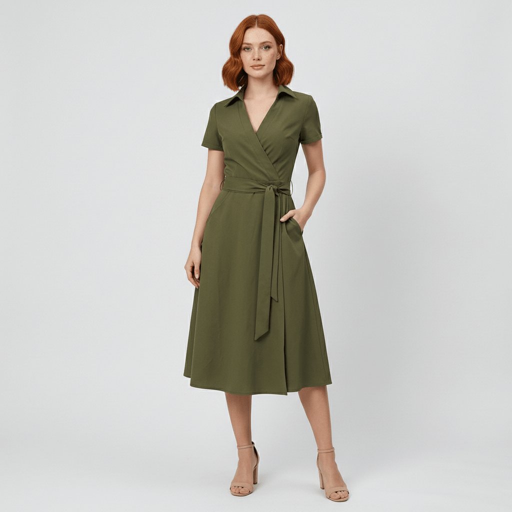 Women's Wrap-Style V-Neck A-Line Midi Dress with Waist Tie