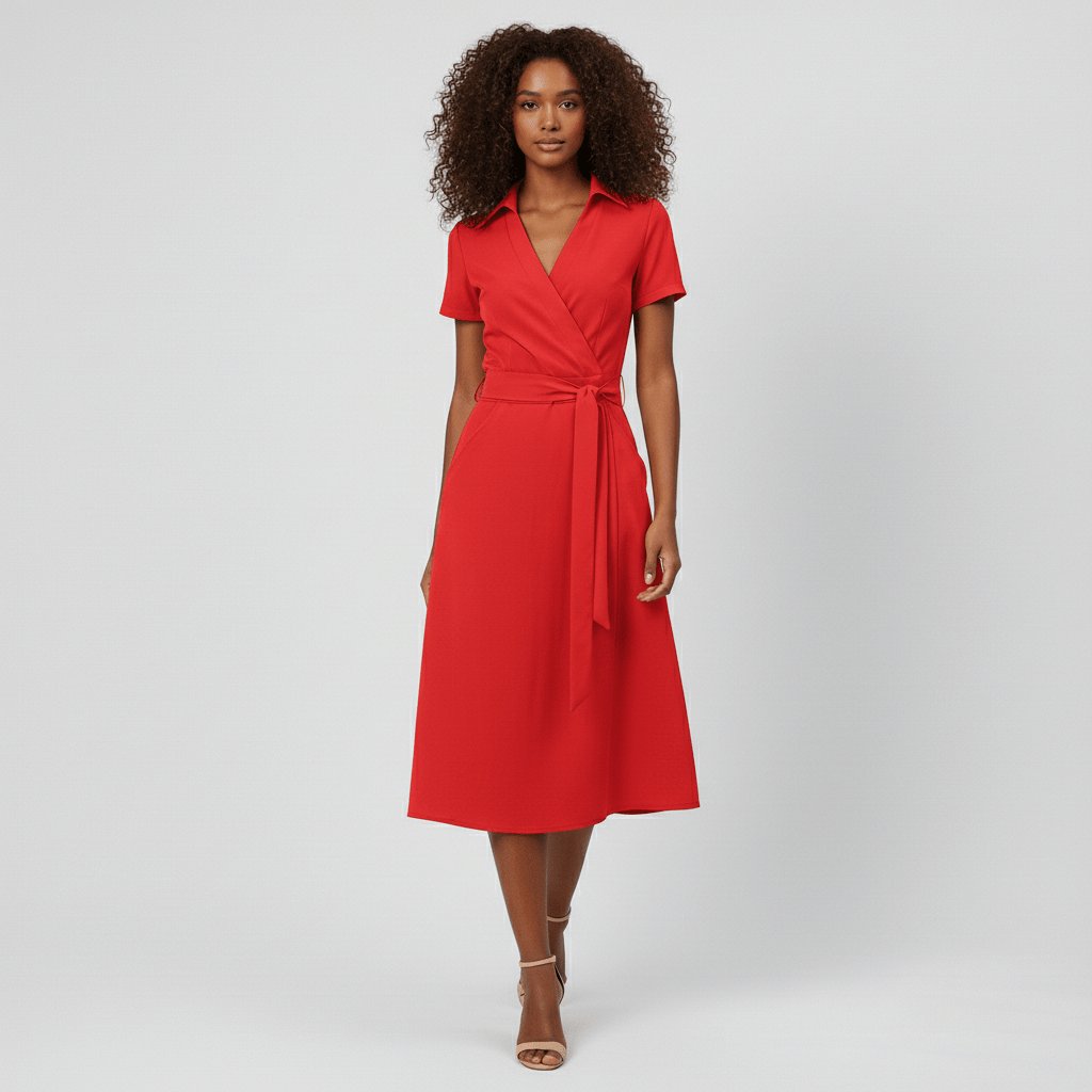 Women's Wrap-Style V-Neck A-Line Midi Dress with Waist Tie