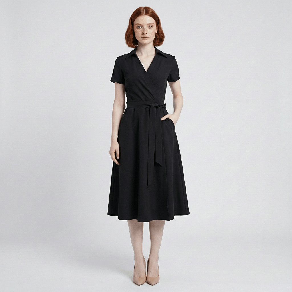 Women's Wrap-Style V-Neck A-Line Midi Dress with Waist Tie