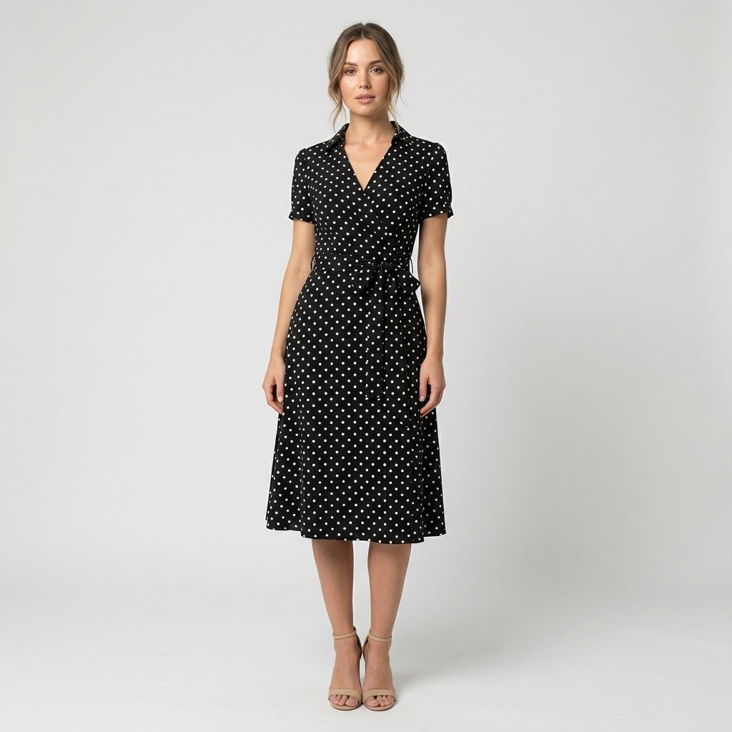 Women's Wrap-Style V-Neck A-Line Midi Dress with Waist Tie