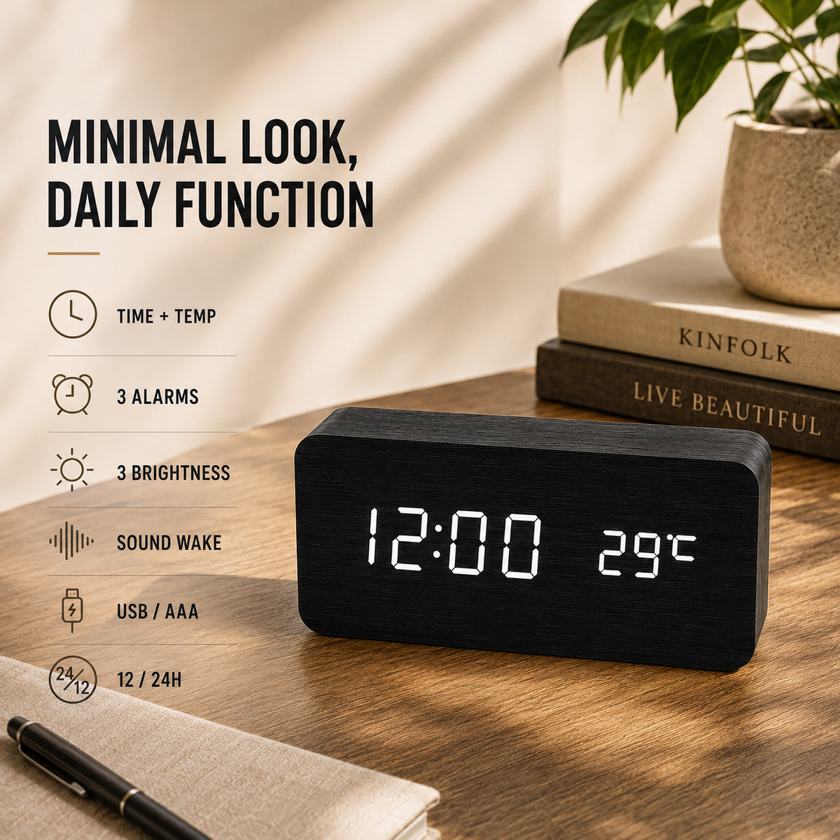 Wood Finish Digital Alarm Clock