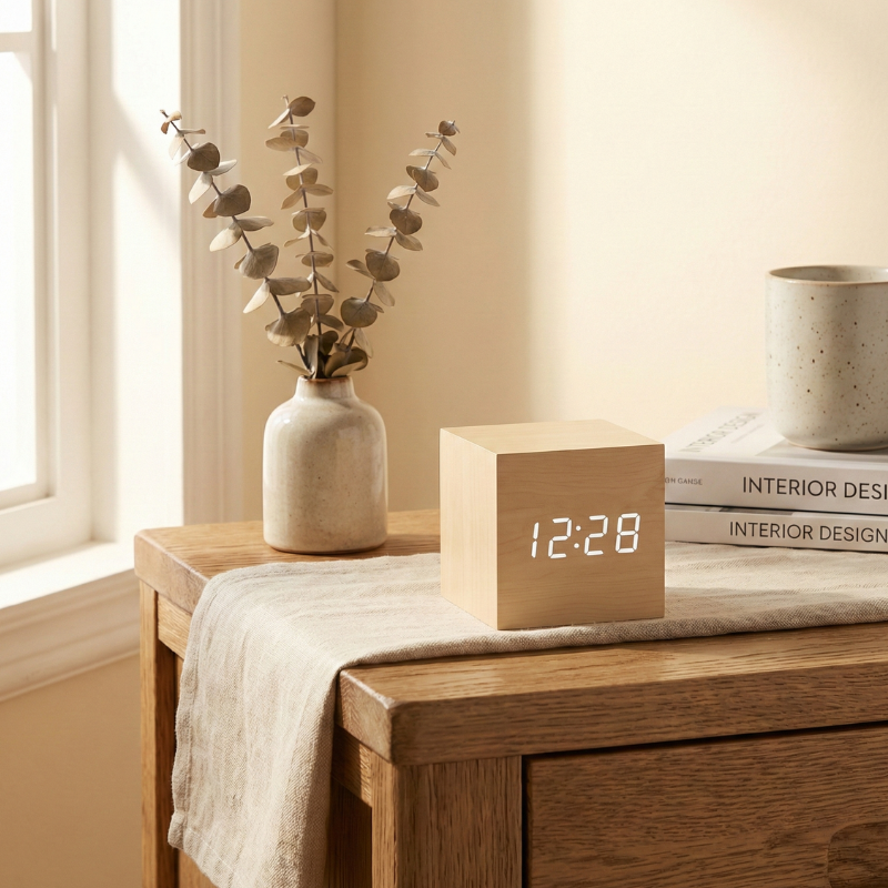 Wooden Desk Alarm Clock with Sunrise Simulation and LED Display