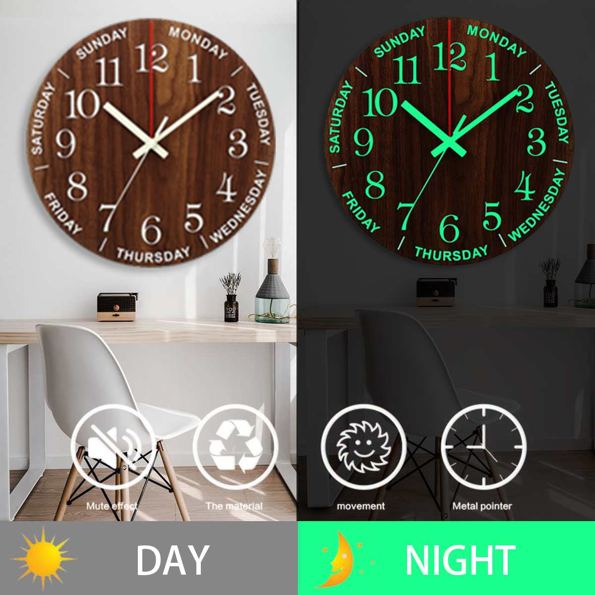 Wooden Wall Clock with Luminous Design